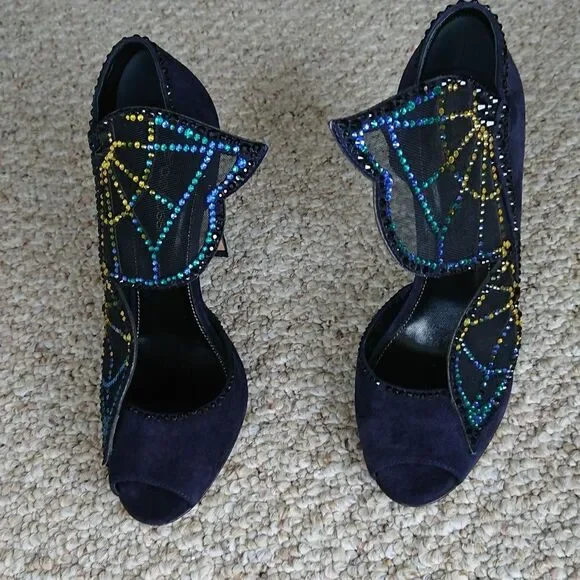 Sergio Rossi Poetic Surrealism night blue butterfly suede heels size 6.5 - Picture 5 of 16